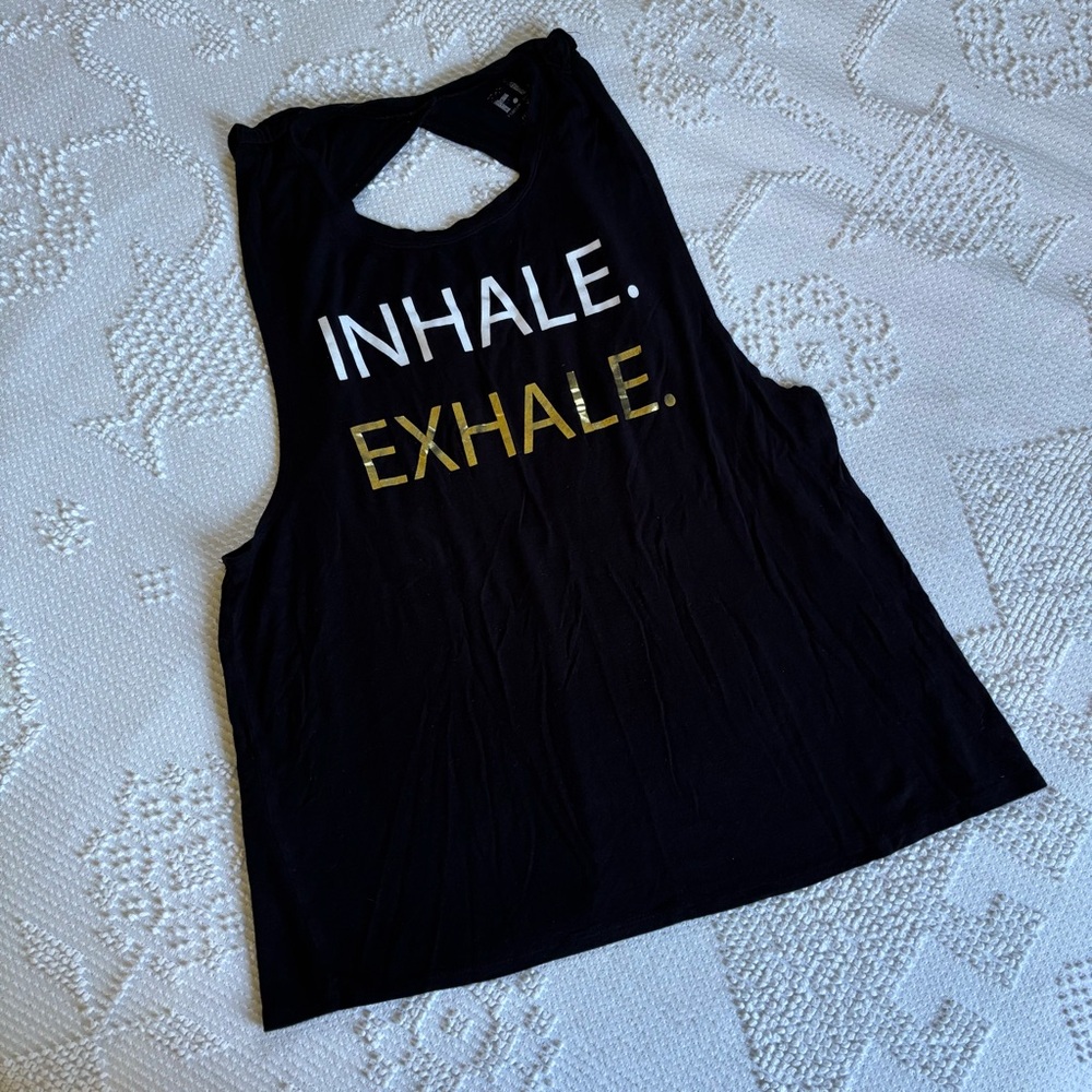 F.I.T. Womens size XL black inhale exhale yoga meditate exercise twist back tank